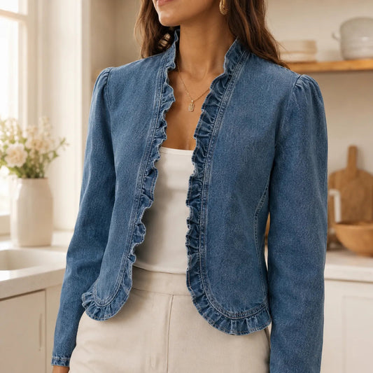 Open Front Ruffle Trim Denim-look Jacket for Women
