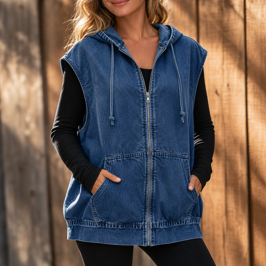 Oversized Hooded Denim-Look Vest