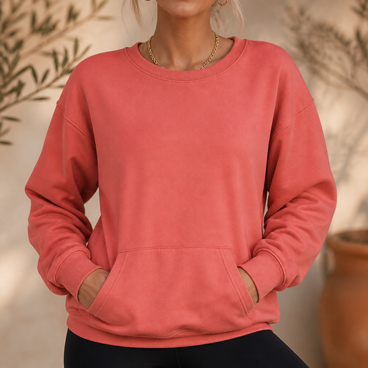 Red oversized crewneck sweatshirt with kangaroo pocket and ribbed cuffs