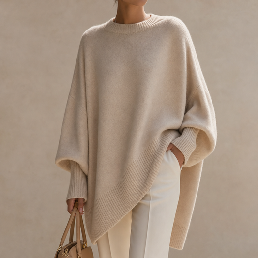Beige oversized poncho sweater with wide sleeves, ribbed crew neck, and hem