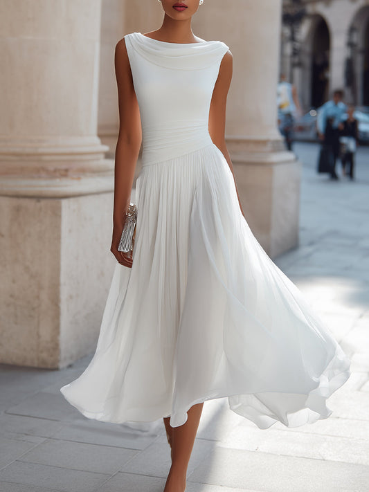 White pleated midi dress with draped neckline, sleeveless fitted bodice