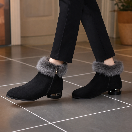 Black ankle boots with plush faux-fur cuffs and glossy block heel