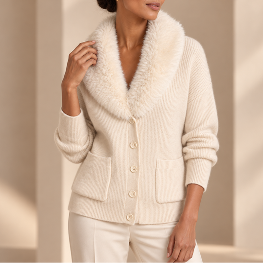 Cream chunky knit cardigan with faux-fur lapel trim, button front, and two chest pockets