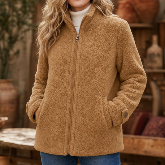 Plush Fleece-Look Zip-Up Jacket With Stand Collar