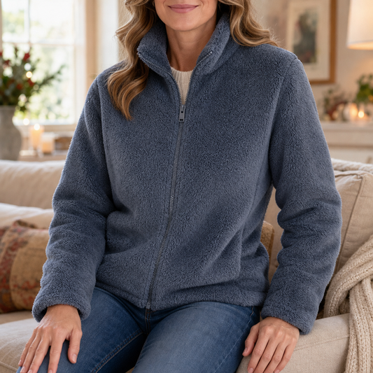 Navy plush fleece stand-collar zip jacket, relaxed fit