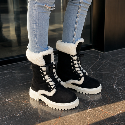 Black mid-calf lace-up boots with plush lining, white laces, thick tread sole