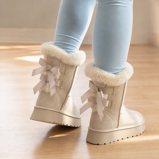 Beige plush-lined platform winter boots with faux-fur cuffs and ribbon bow accents