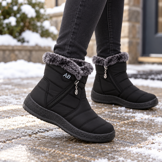 Black plush-lined ankle boots with fuzzy cuff and side zipper closure