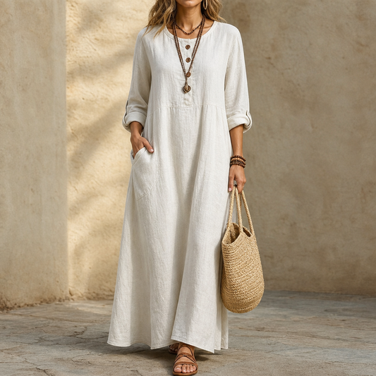 White maxi dress with round neckline, 3/4 sleeves, button placket, and side pockets