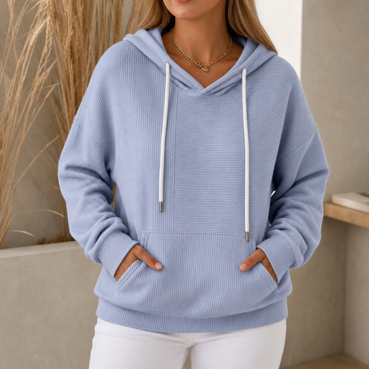 Powder blue ribbed knit pullover hoodie, front kangaroo pocket and hood drawstrings