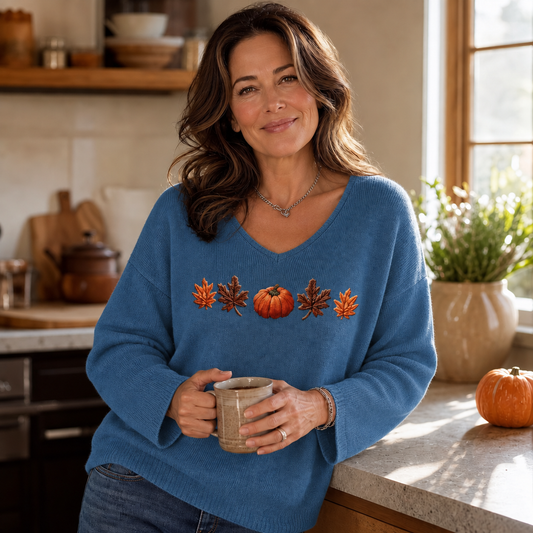 Blue V-neck long-sleeve shirt with orange pumpkin and leaf graphic, relaxed fit