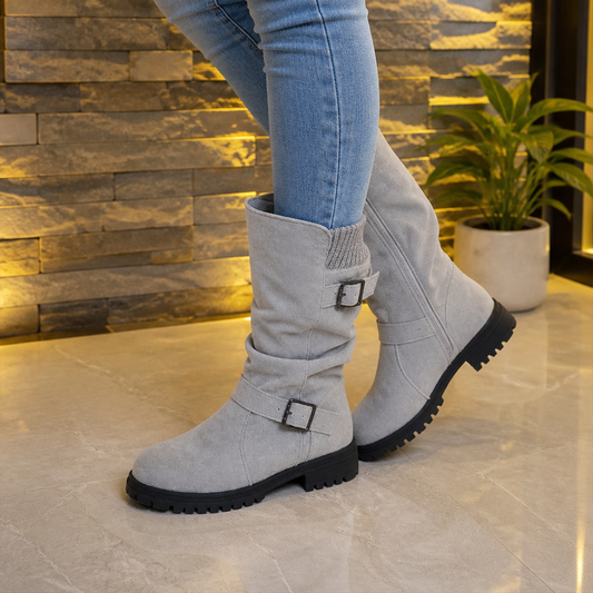 Light gray slouch mid-calf boots with ribbed cuff and dual side buckle straps