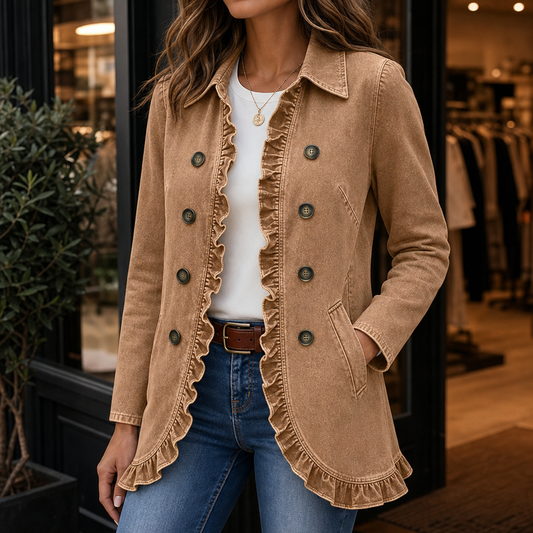 Ruffle-Trim Button-Front Denim-Look Jacket