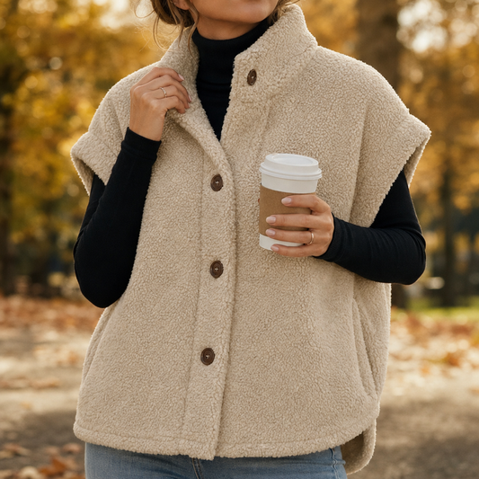 Beige sherpa-look fleece vest with button front and stand collar, sleeveless