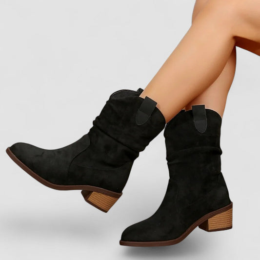 Black suede ankle boots with block heel, pull-on shaft, side strap buckle detail.