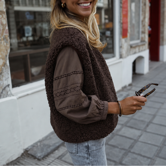 Brown teddy fleece sleeveless vest, boxy fit, button front, side pockets