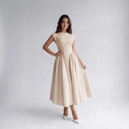 Beige sleeveless fit-and-flare midi dress, front view with smooth bodice and flare