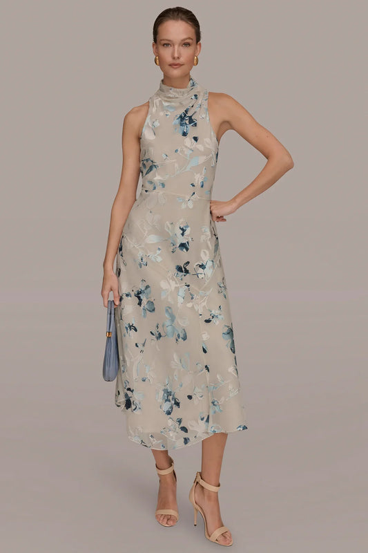 Sleeveless midi dress in light Sea Mist multi with blue floral burnout pattern, high neck.