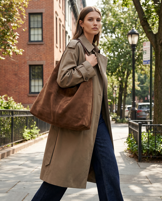 Medium brown slouchy suede tote bag with curved handles and open top.