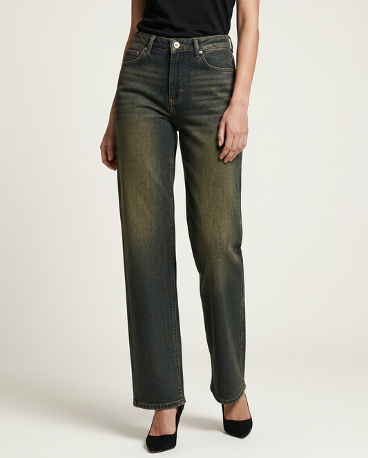 High-waist straight-leg denim jeans in dark green wash, five-pocket design