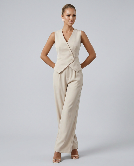 Beige vest-style set with sleeveless V-neck vest and tailored wide-leg trousers