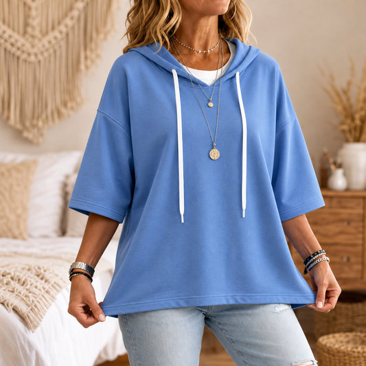 Blue three-quarter sleeve hoodie with drawstring hood and white hanging strings