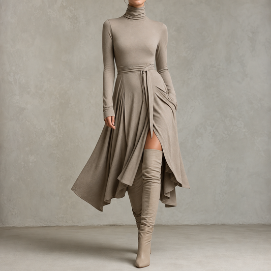 Taupe ribbed knit turtleneck midi dress with side slit and ruched waist bow.
