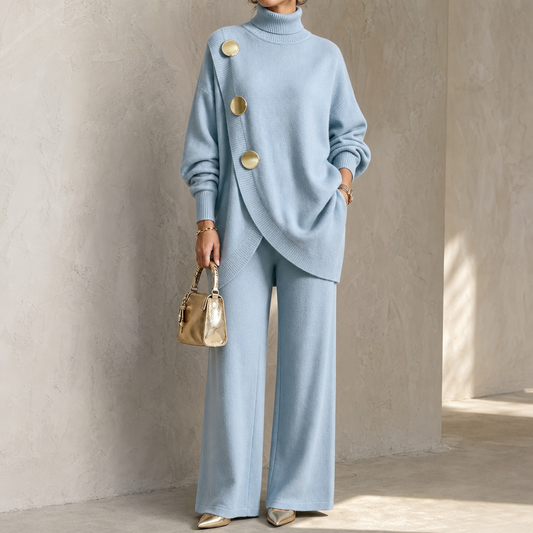 Light blue turtleneck sweater and wide-leg pants set with gold-tone buttons