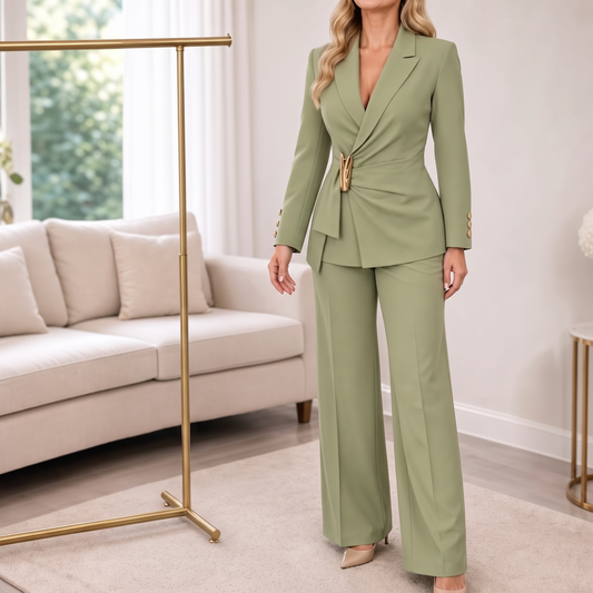 Sage green blazer and wide-leg trouser set with twisted buckle at the waist