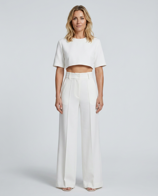 White high-waist crop top and wide-leg pants set, front view