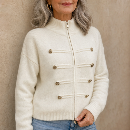 Ivory two-way zip sweater jacket with stand collar and gold-tone button detailing