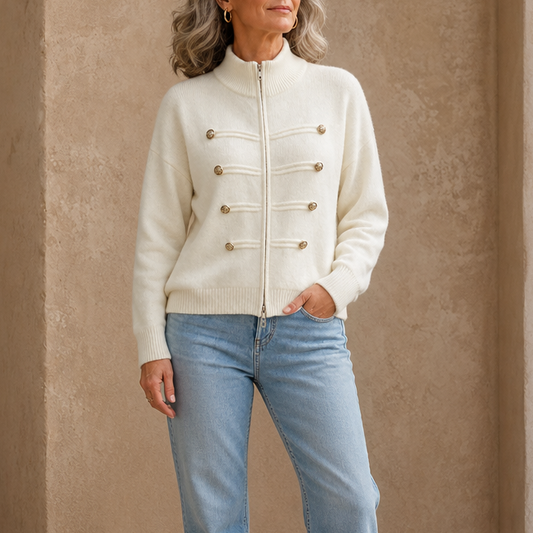 Cream white knit zip-up sweater jacket with stand collar and gold button details