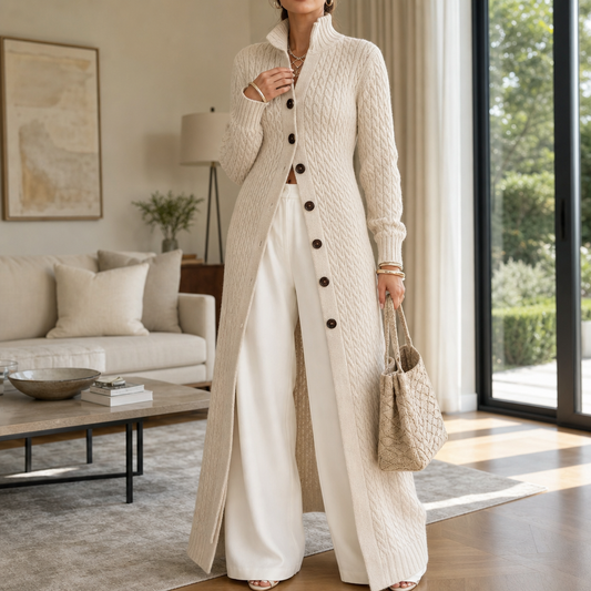 Light beige cable-knit duster cardigan with open front, long sleeves, and dark buttons