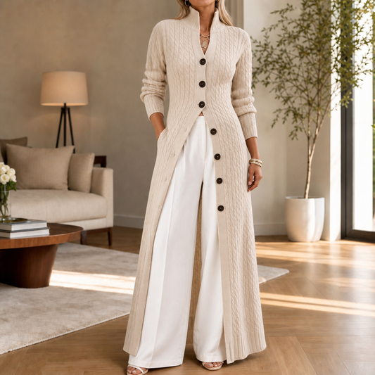 Cream cable-knit open-front duster cardigan with black button closures and long sleeves