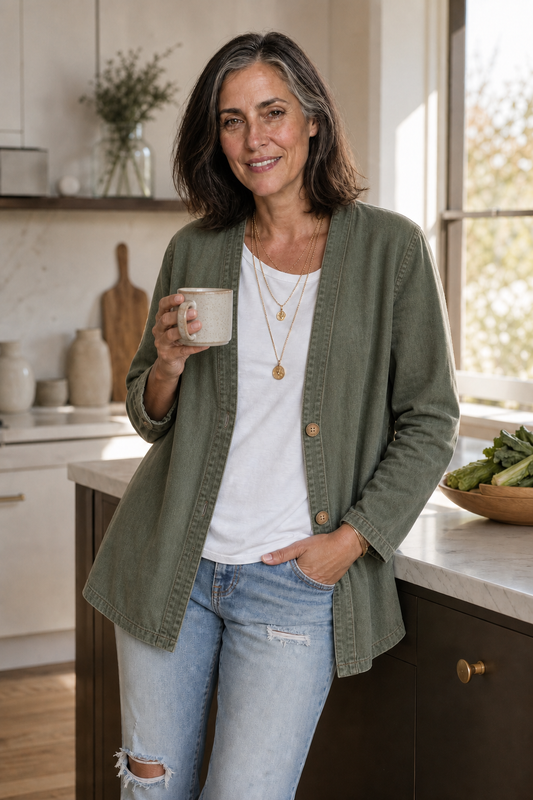 Washed denim-look jacket, olive green, button-front closure and relaxed mid-thigh length