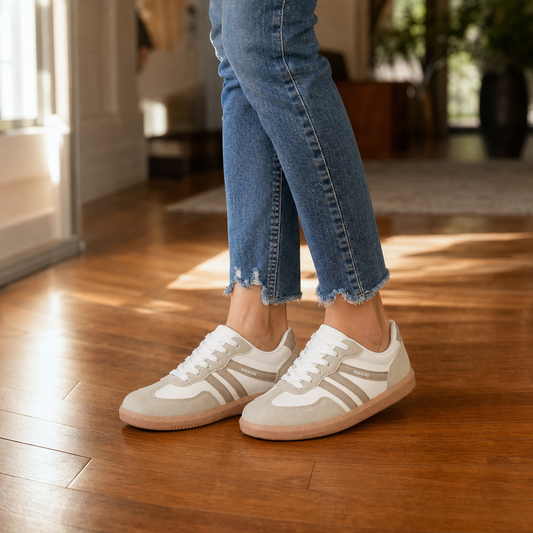 Cushioned wide-toe sneakers in white with taupe suede panels and lace-up