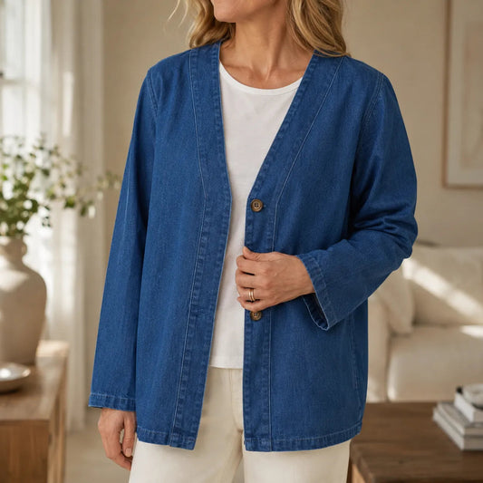 Women's V-Neck Collarless Denim-like Jacket, Soft Button-Front Layer