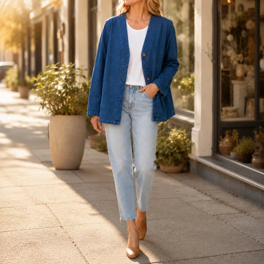 Women’s denim-like V-neck button-front jacket, dark blue, worn over top with jeans