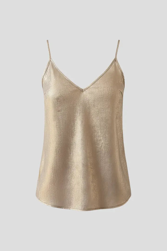 Gold thin-strap V-neck camisole top, sleeveless with adjustable spaghetti straps