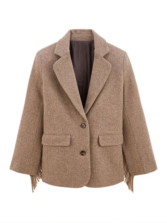 Taupe wool bomber coat with button front and fringe tassels on cuffs, front view