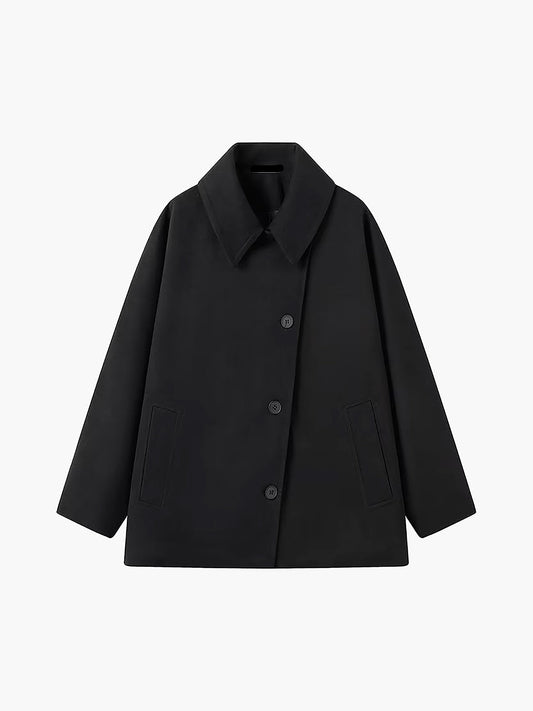 Black oversized wool coat with notched collar and button front