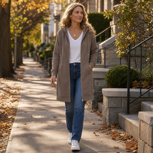 Taupe hooded knit cardigan with full-length zip and side pockets