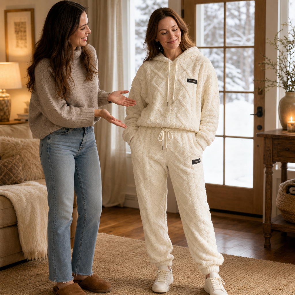 Cream lounge set with zipless hoodie and joggers, drawstring waist, black label patch