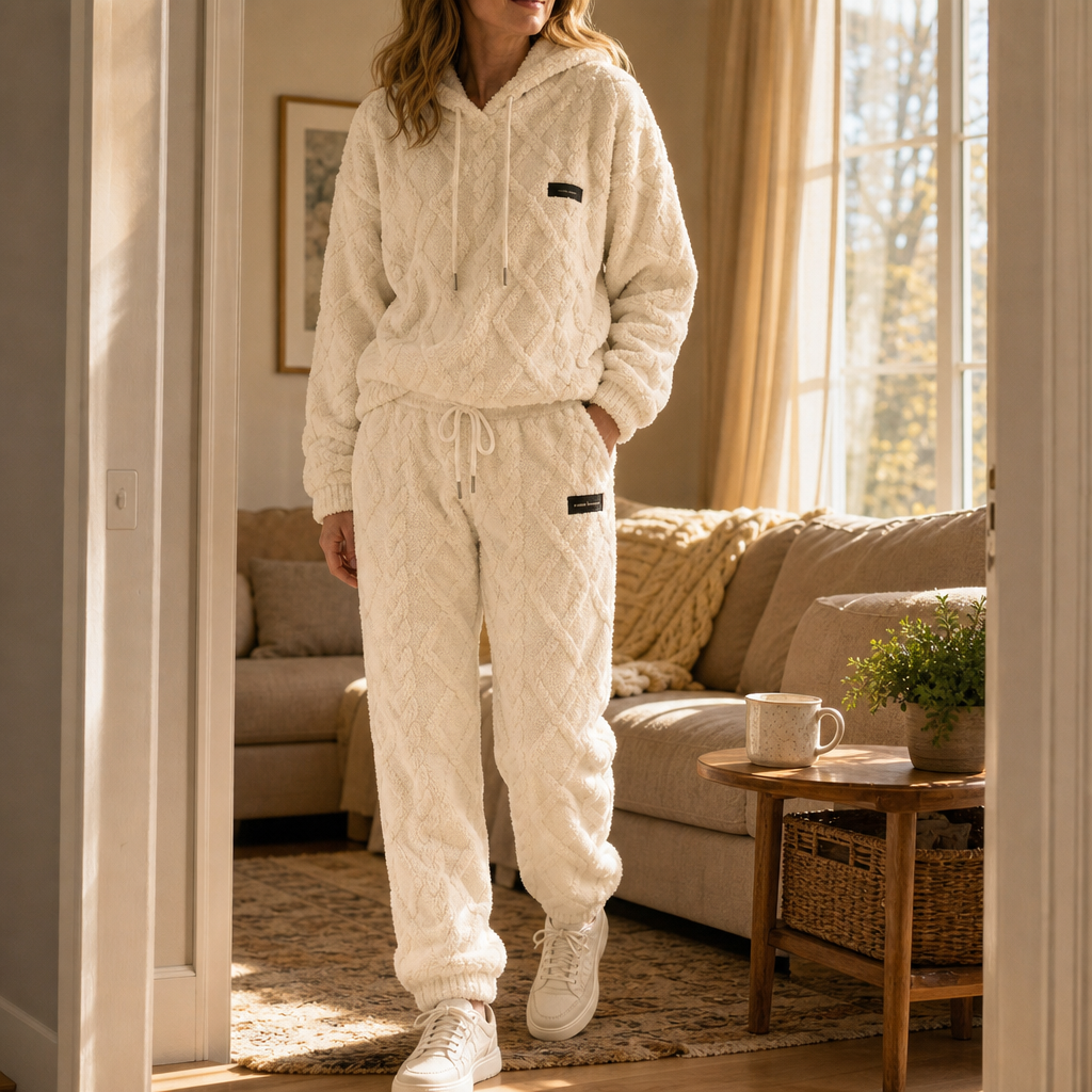 Cream 3D textured hoodie and jogger set with drawstring cuffs and black logo patch