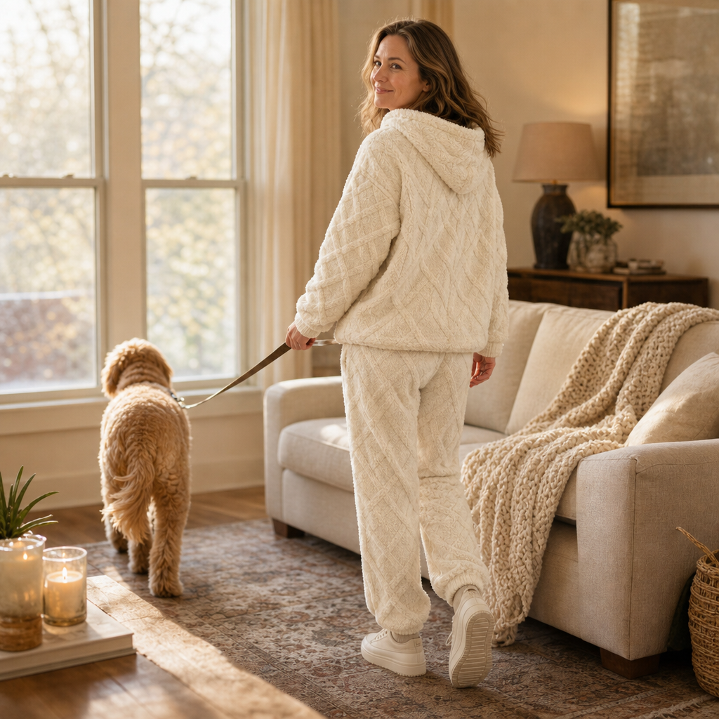 Cream embossed lounge set from side view with matching jogger legs and hood