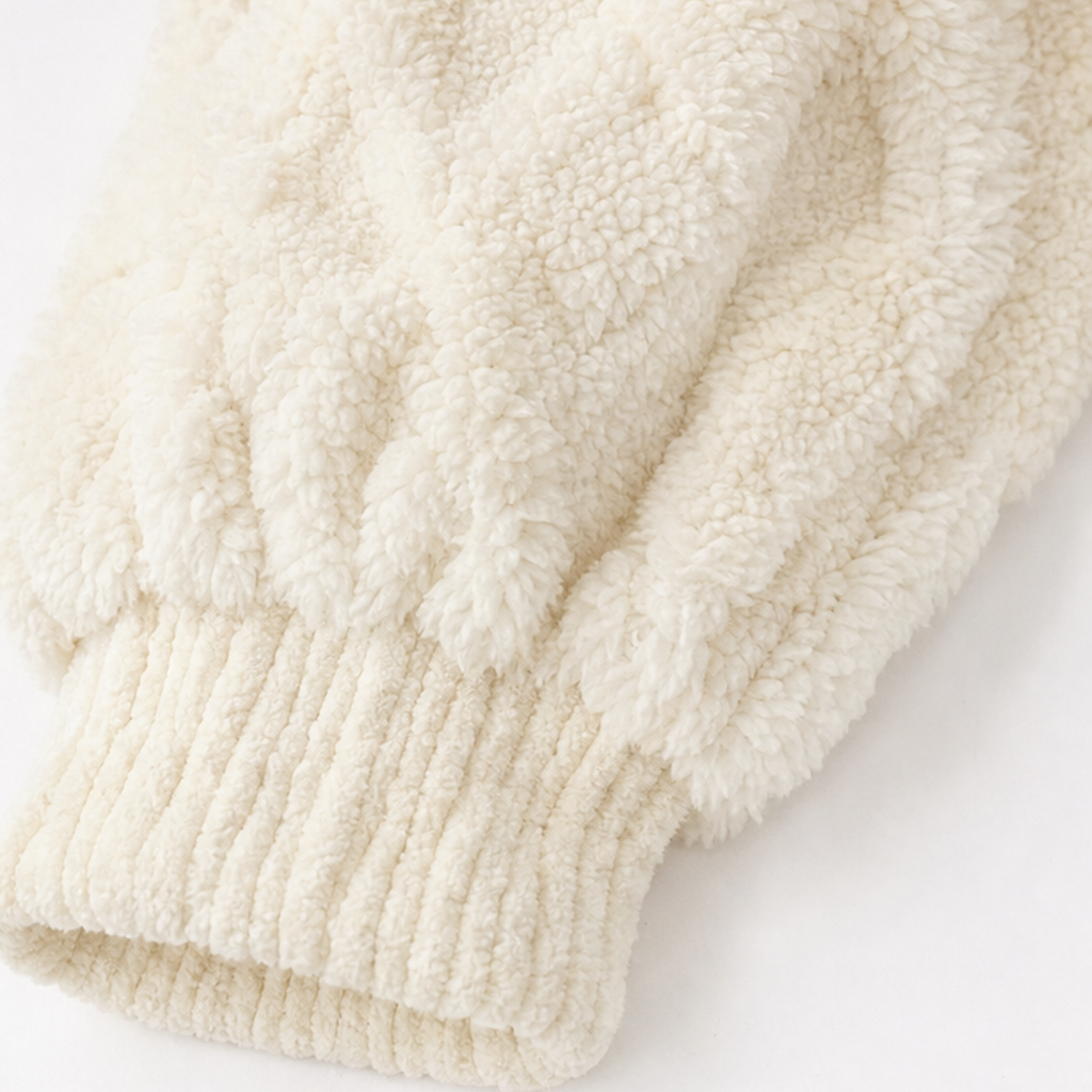 Close-up of cream embossed fleece lounge fabric on sleeve hem