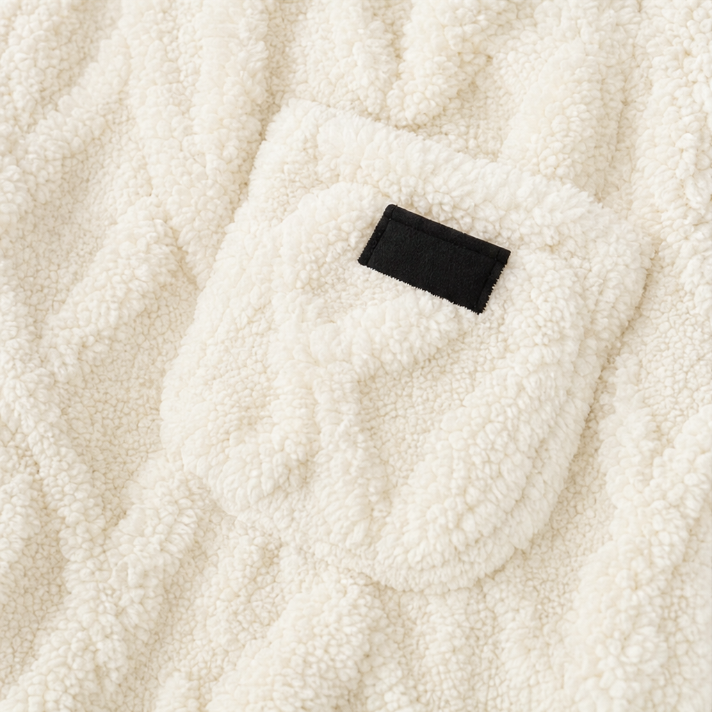 Close-up of black logo label patch on cream textured hoodie fabric