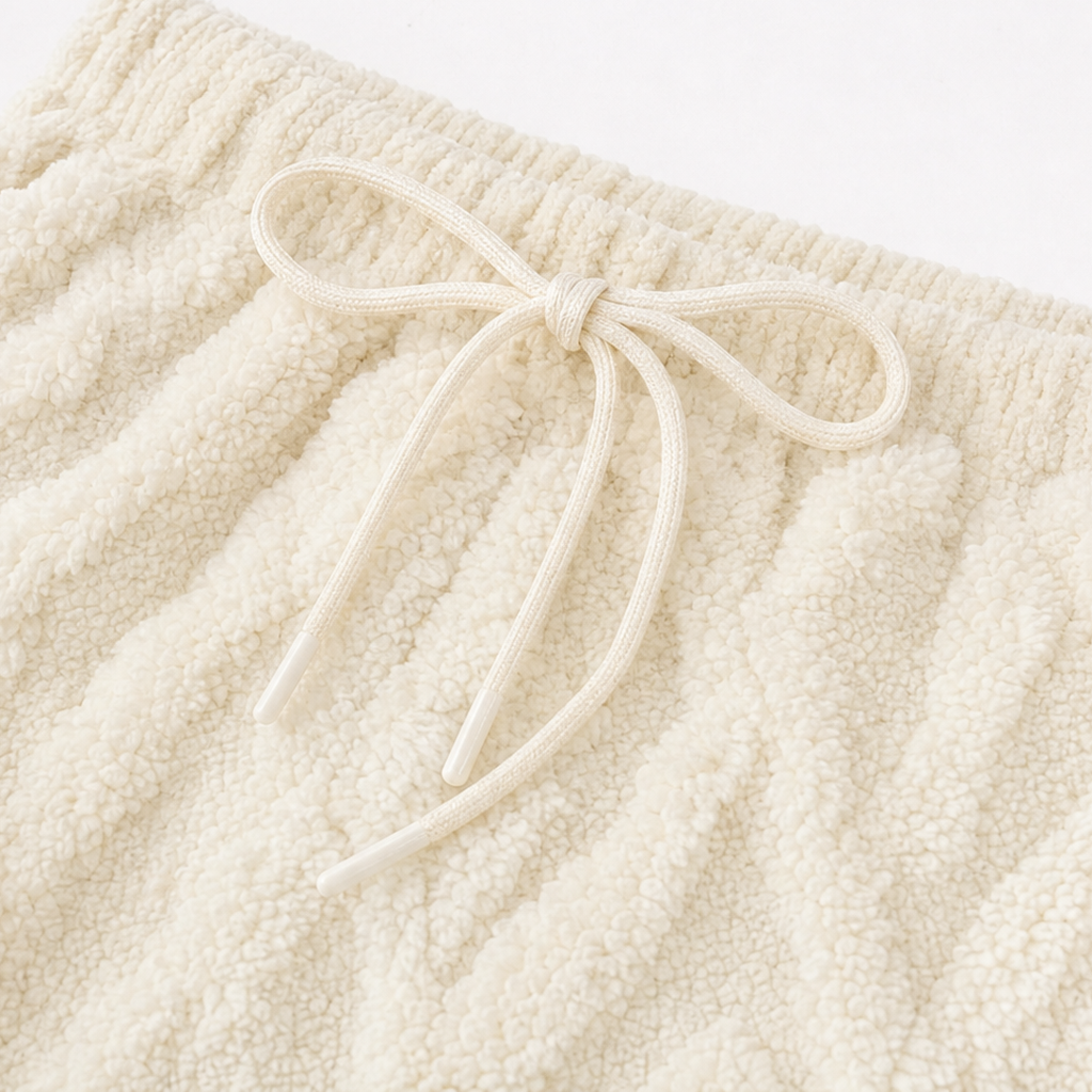 Cream embossed lounge set with lace-up drawstring hoodie and matching jogger pants