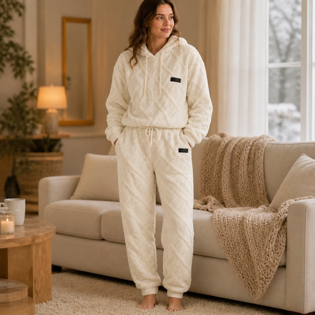 Cream 3D embossed hoodie and jogger lounge set with drawstring waist