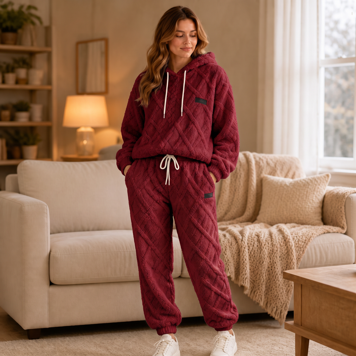 Burgundy 3D embossed hoodie and jogger lounge set with drawstring waist